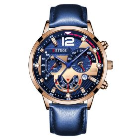 Fashion Mens Sports Watches Luxury Stainless Steel Quartz Wrist Watch Calendar Luminous Clock Men Business Casual Leather Watch (Color: Leather Rose Blue)
