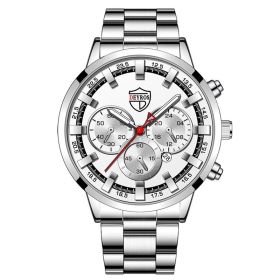 Fashion Mens Watches Luxury Men Sports Gold Stainless Steel Quartz Wrist Watch Man Business Casual Leather Watch —á–∞—Å—ã –º—É–∂—Å–∫–∏–µ (Color: Steel Silver White)