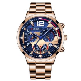 Fashion Mens Sports Watches Luxury Stainless Steel Quartz Wrist Watch Calendar Luminous Clock Men Business Casual Leather Watch (Color: Steel Rose Blue)