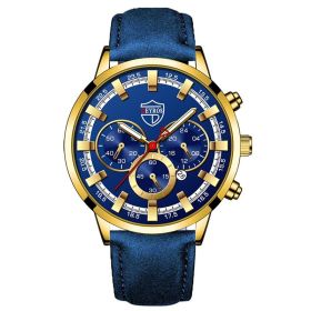 Fashion Mens Watches Luxury Men Sports Gold Stainless Steel Quartz Wrist Watch Man Business Casual Leather Watch —á–∞—Å—ã –º—É–∂—Å–∫–∏–µ (Color: Leather Gold Blue)
