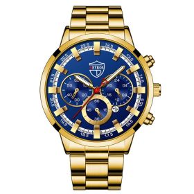 Fashion Mens Watches Luxury Men Sports Gold Stainless Steel Quartz Wrist Watch Man Business Casual Leather Watch —á–∞—Å—ã –º—É–∂—Å–∫–∏–µ (Color: Steel Gold Blue)