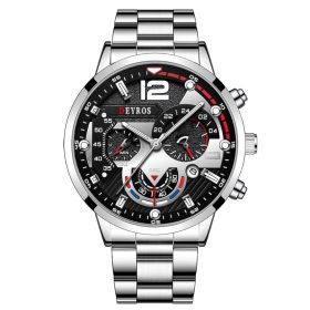 Fashion Mens Sports Watches Luxury Stainless Steel Quartz Wrist Watch Calendar Luminous Clock Men Business Casual Leather Watch (Color: Steel Silver Black)