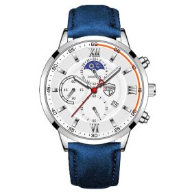 Luxury fashion men's sports watches men business stainless steel quartz watches man casual leather watchrelogio masculino (Color: Leather Silver White, Ships From: China)