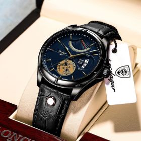 Swiss Brand POEDAGAR Men Watch Fashion Top Luxury Sport Men's Wristwatch Waterproof Luminous Leather Date Quartz Watches Man Box (Color: 802 BK BU L, size: 1)