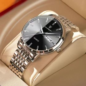 POEDAGAR Men Watch Stainless Steel Top Quailty Luxury Push Button Hidden Clasp Waterproof Luminous Date Week Sport Wrist Watches (Color: 832 SL BK S, size: 1)
