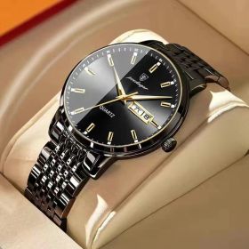 POEDAGAR Men Watch Stainless Steel Top Quailty Luxury Push Button Hidden Clasp Waterproof Luminous Date Week Sport Wrist Watches (Color: 832 BK BK S, size: 1)