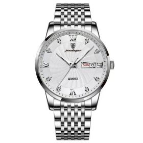 POEDAGAR Men Watch Stainless Steel Top Quailty Luxury Push Button Hidden Clasp Waterproof Luminous Date Week Sport Wrist Watches (Color: 827 SL WH S, size: 1)