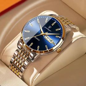 POEDAGAR Men Watch Stainless Steel Top Quailty Luxury Push Button Hidden Clasp Waterproof Luminous Date Week Sport Wrist Watches (Color: 832 GD BU S, size: 1)