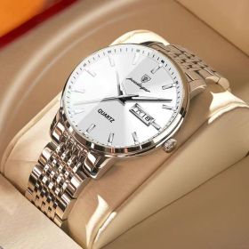 POEDAGAR Men Watch Stainless Steel Top Quailty Luxury Push Button Hidden Clasp Waterproof Luminous Date Week Sport Wrist Watches (Color: 832 SL WH S, size: 1)