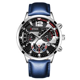 Fashion Mens Sports Watches Luxury Stainless Steel Quartz Wrist Watch Calendar Luminous Clock Men Business Casual —á–∞—Å—ã –º—É–∂—Å–∫–∏–µ (Color: Leather Silver Blue, size: 1)