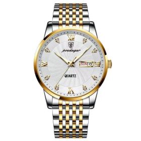 POEDAGAR Men Watch Stainless Steel Top Quailty Luxury Push Button Hidden Clasp Waterproof Luminous Date Week Sport Wrist Watches (Color: 827 GD WH S, size: 1)