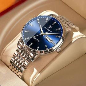 POEDAGAR Men Watch Stainless Steel Top Quailty Luxury Push Button Hidden Clasp Waterproof Luminous Date Week Sport Wrist Watches (Color: 832 SL BU S, size: 1)