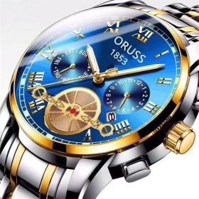 Automatic Movement Luminous Sports Waterproof Quartz Watch round Pointer Glass Calendar Business Watch Men (Color: gold strap blue)