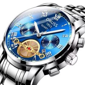 Automatic Movement Luminous Sports Waterproof Quartz Watch round Pointer Glass Calendar Business Watch Men (Color: silver strap blue)