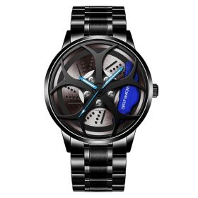 2023 Luxury Men's Fashion Car Wheel Watches Men Sports Waterproof Quartz Wristwatch Stainless Steel Wheel Hub Watch montre homme (Color: Black Blue)