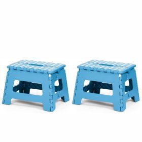 Set of 2 Folding Step Stool 8.7" with Non-Slip Surface and Portable Handle, Blue/White (Color: Blue)
