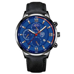 Luxury fashion men's sports watches men business stainless steel quartz watches man casual leather watchrelogio masculino (Color: Leather Black Blue, Ships From: China)