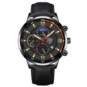 Luxury fashion men's sports watches men business stainless steel quartz watches man casual leather watchrelogio masculino (Color: Leather Black Gold, Ships From: China)
